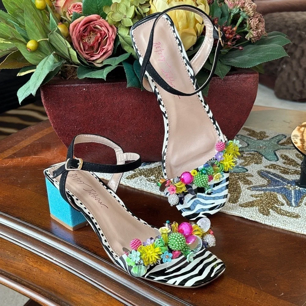 BETSEY JOHNSON Black Embellished Ankle Strap Open Toe Block Heel Beaded Sandals